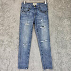 Current/Elliott The Fling Boyfriend Jeans Womens 0 Blue Distressed Studded USA